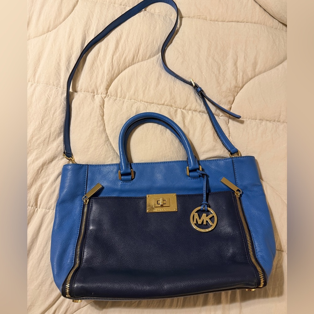 Michael Kors Leather Blues and Gold Tote Satchel Bag